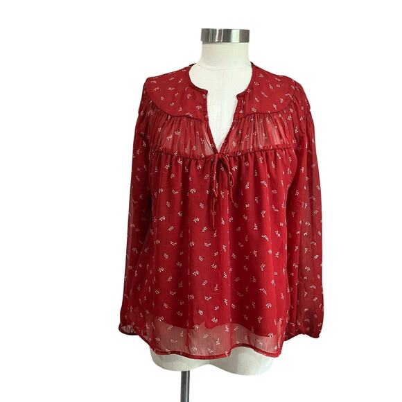 Old Navy Tie Front Red Floral Chiffon Long Sleeve Boho Blouse Sz L - Picture 2 of 9
